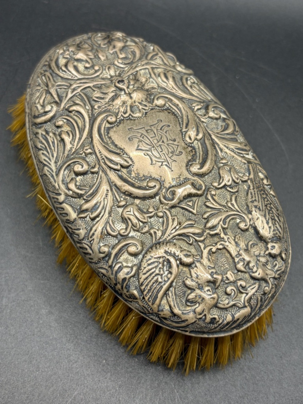 Henry Charles Freeman Antique Sterling Silver Face Figural Monogram Vanity Brush